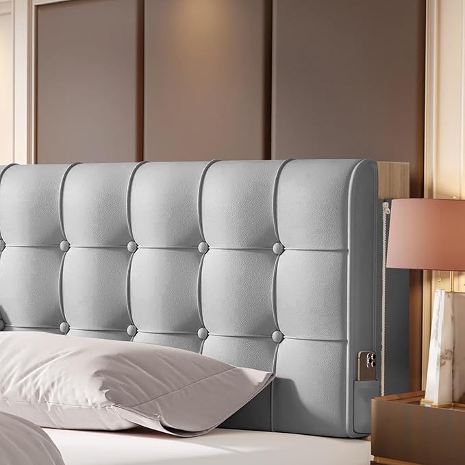 BCU Pillow Headboard Queen Size Upholstered Soft Tufted Headboard with Removable Cover Side Pocket for Adjustable Bed Reading Sofa, Grey