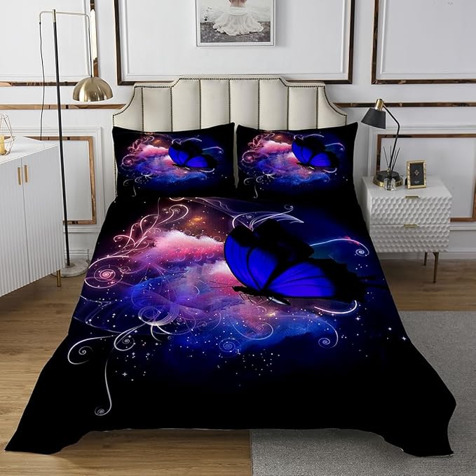 Erosebridal Dreamlike Blue Butterfly Quilted, Colorful Aesthetic Flying Butterflies Coverlet Set, Mystery Bedspread, Watercolor Room Decor for Kids Boys Girls Teens Children Youth Teenager, Twin
