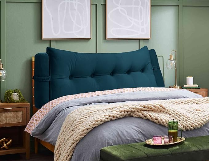 Triangular Reading Bedrest Pillow Large Bolster Cushion Headboard Backrest Wedge Pillow with Two Detachable Roll Pillows for Neck & Lumbar Support (Teal, California King 71x8x20 inches)