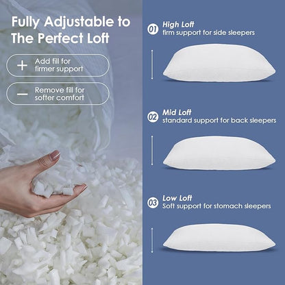 Firm Shredded Memory Foam Pillows King Size Set of 2, Cooling Bed Pillow w/Adjustable Loft for Side, Back, and Stomach Sleepers, Removable Washable Bamboo Rayon Cover, CertiPUR-US Certified Foam