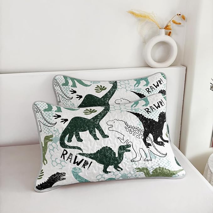 QOOMO Dinosaur Quilt Set Twin Size,Cartoon Dinosaur Bedspread Coverlet Set,Dinosaurs 3Pcs Bedding Set Printed Quilt with 2 Pillowcases,Soft and Lightweight,for All Seasons