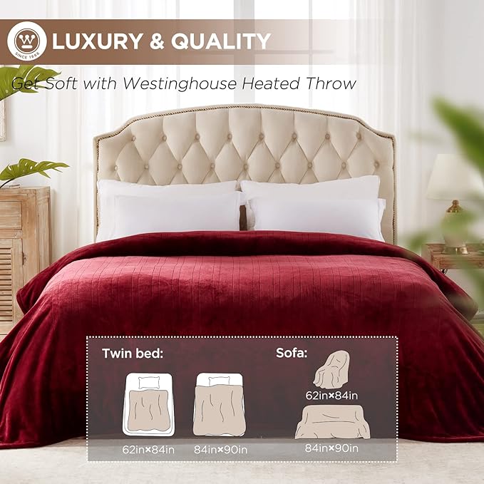 Westinghouse Heated Blanket Twin Size, Electric Heating Blanket with 10 Heating Levels, 1-12 Hours Auto Shut Off, Fast Heating Warming Blanket, Machine Washable (Twin, 62x84 Inches, Wine Red)