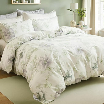 Floral Duvet Cover King Size 100% Cotton Reversible Green Floral Duvet Cover Set with Zipper Closure 3 Pcs Green Leaf Soft & Breathable Bedding Comforter Cover