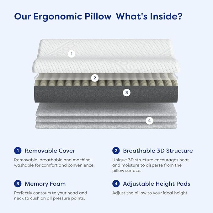 Ecosa Adjustable Memory Foam Pillow, Travel Pillows for Sleeping, Cervical Neck Pillow for Sleeping, Soft Memory Foam Pillows for Side Sleepers, Side Sleeper Pillow for Shoulder Pain