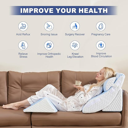 4PCS Bed Wedge Pillow for Sleeping and Sitting Up, Orthopedic Memory Foam Pillow Set for Back Pain, Post Surgery Recovery, Acid Reflux, GERD Relief, Triangle Shape, Blue White