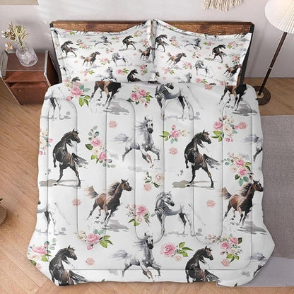 King Size Comforter Set with 2 Pillowcase, Horses Soft 3 Pcs Bedding for Kids and Adults, Pink Rose Flower Comforter Set for Room Bedroom Bed Decor