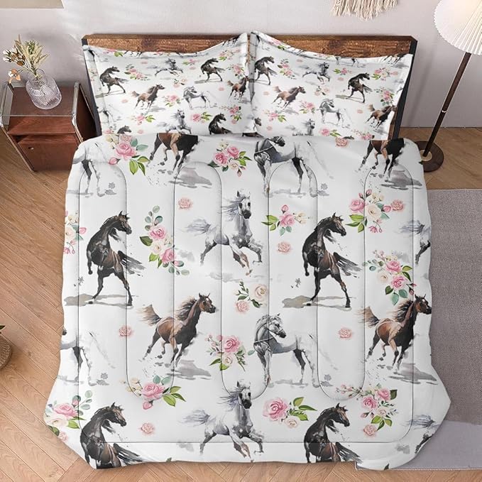 Full Size Comforter Set with 2 Pillowcases, Horses Soft 3 Pcs Bedding for Kids and Adults, Pink Rose Flower Comforter Set for Room Bedroom Bed Decor