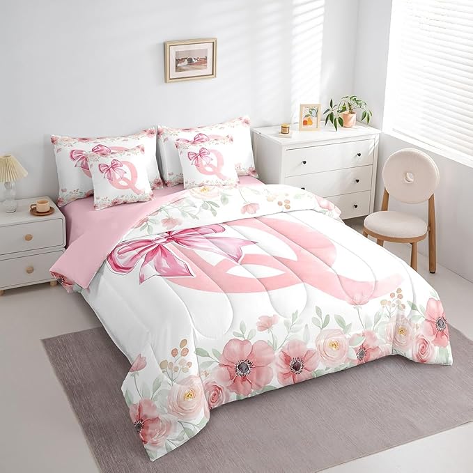Erosebridal Kawaii Pink Bow Tie Bowknot Bed in A Bag,Flower Initial Letter Q Bedding Sets for Kids Girls Twin Size, Spring Fresh Style Comforter Set with Sheets, 2 Pillowcases, 2 Throw Pillow Covers