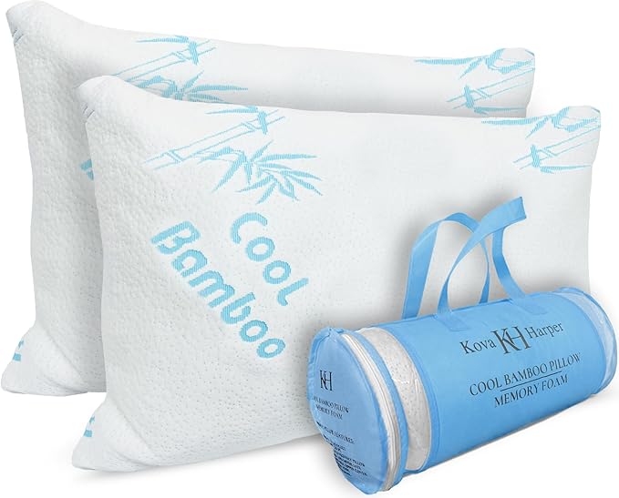 DreamField Linen Cooling Bamboo Pillows Queen Size Set of 2 for Sleeping, Adjustable Soft Shredded Memory Foam Zippered Washable Breathable Cover, Relieves Neck Pain for Back/Stomach/Side Sleeper