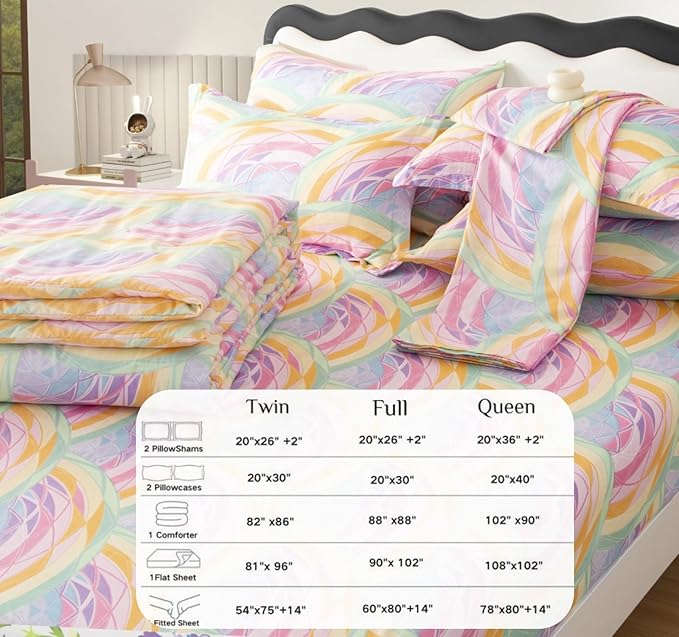 SDY 7PCS Rainbow Bedding Set Queen Bed in A Bag Set 7 Piece Mermaid Bedding for Kids,Boys and Girls with Rainbow Comforter Queen and Mermaid Sheets