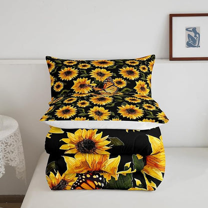 Feelyou Sunflower Bedding Set Girls Yellow Floral Butterfly Comforter Chic Flowers Pattern Comforter Set for Kids Teens Botanical Nature Duvet Set Ultra Soft Room Decor Full Size…