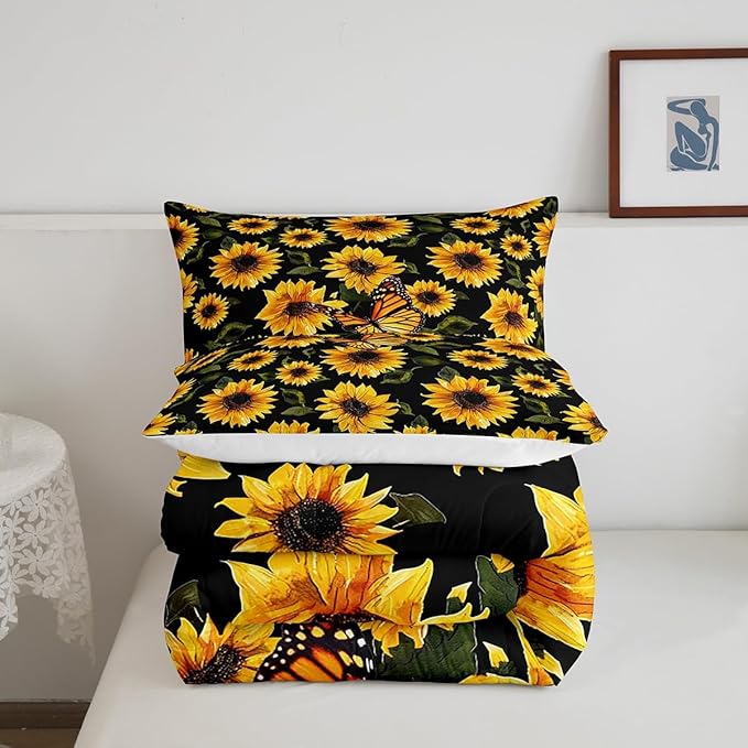Feelyou Sunflower Bedding Set Girls Yellow Floral Butterfly Comforter Chic Flowers Pattern Comforter Set for Kids Teens Botanical Nature Duvet Set Ultra Soft Room Decor Queen Size…