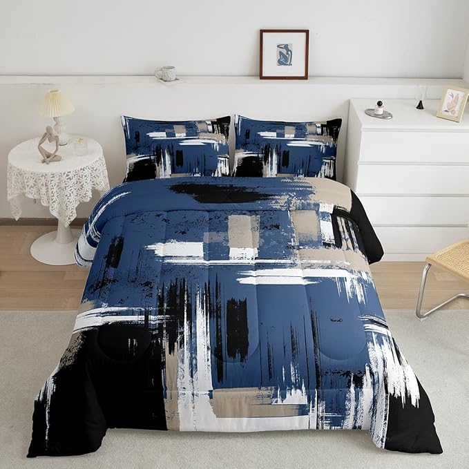 Feelyou Abstract Bedding Set Kids Modern Abstract Art Comforter Set Blue Black White Comforter for Boys Room Decor Lightweight Duvet Set Toddler Size with 1 Pillow Case