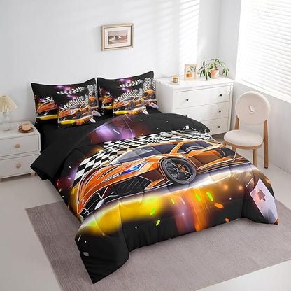 Feelyou Orange Racing Car 7 Piece Bedding Set Queen Size Extreme Sport Comforter Set with Sheets for Kids Boys Girls Teens Toddler Fast and Furious Bed in a Bag Black White Flag Bed Set