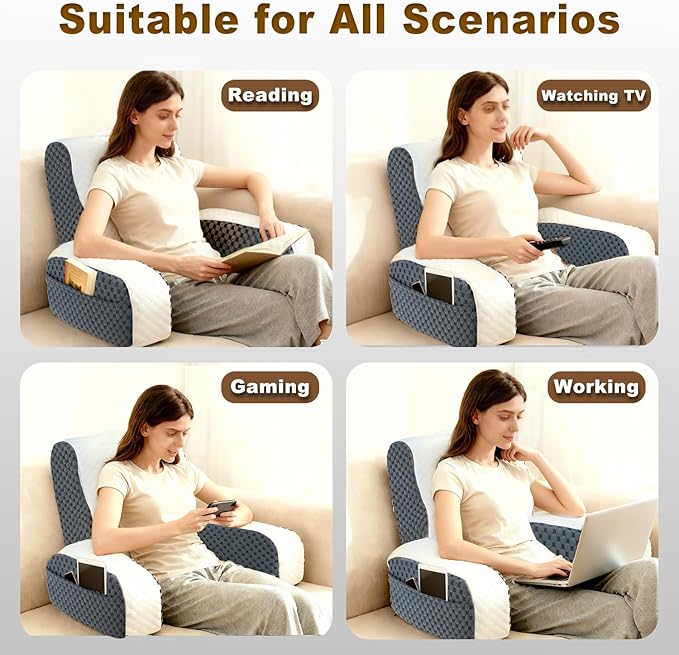 Bed Reading Pillow Back Support with Arms, Removable Pillowcase for Book Working Gaming Resting Watching TV, White/20in