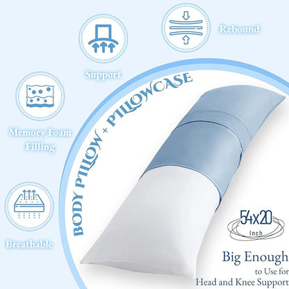 Ubauba Memory Foam Body Pillow with Cover, Full Large Body Pillows Insert for Adults with Envelope Closure Pillowcase, Firm & Fluffy Long Bed Pillows for Sleeping (20x54 inch, Blue)