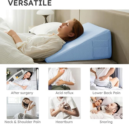 Bedluxe Wedge Pillow, 12 inch Bed Wedge Pillow for Headboard, Pillow Wedge for Acid Reflux Relief, Sleeping, After Surgery, Snoring, Gerd, Triangle Pillow Wedge - Cooling Memory Foam Top, Light Blue