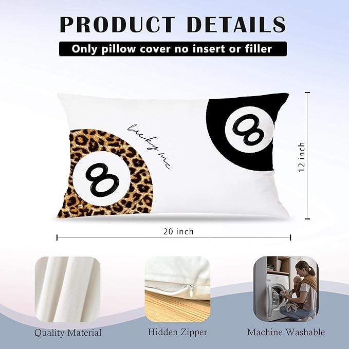 Trendy Lucky 8 Ball Leopard Pillow Covers 12x20 Set of 2, Cheetah Print Room Decor, Funky Black and Leopard Ball Cheetah Decorative Lumbar Pillow Covers for Home Bedroom Living Room