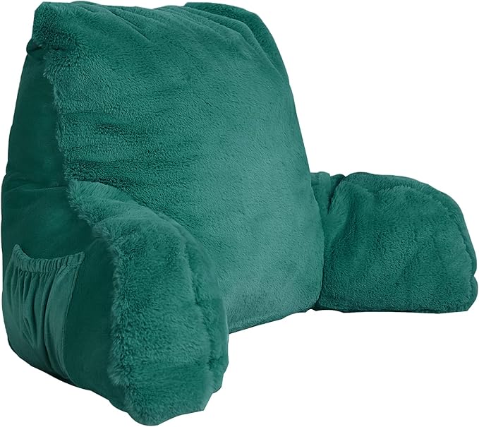 Home Soft Things Fox Faux Fur Bedrest Reading Pillow with Handle and Side Pocket, 20" x 18" x 17"，Teal Green Backrest Armrest Pillow Chair Back Support for Sitting up in Bed