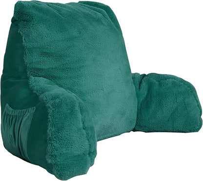 Home Soft Things Fox Faux Fur Bedrest Reading Pillow with Handle and Side Pocket, 20" x 18" x 17"，Teal Green Backrest Armrest Pillow Chair Back Support for Sitting up in Bed