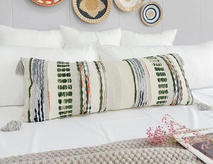 Chenille and Cotton Long Pillow for Bed, Striped Textured Boho Lumbar Throw Pillow Cover 12x36, Neutral Accent Decorative Extra Long Body Pillow Case for Couch, Sofa, Bedroom, Sage Green