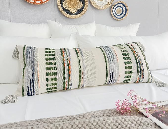 Chenille and Cotton Long Pillow for Bed, Striped Textured Boho Lumbar Throw Pillow Cover 14x36, Neutral Accent Decorative Extra Long Body Pillow Case for Couch, Sofa, Bedroom, Sage Green