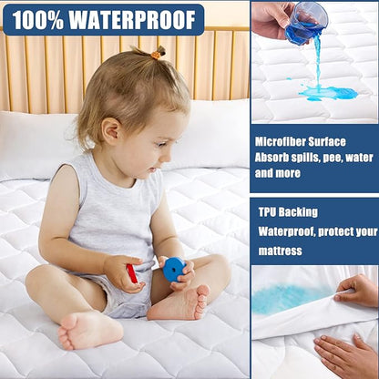Cal King Size Quilted Fitted Mattress Pad, Waterproof Breathable Cooling Mattress Protector, Stretches up to 21 Inches Deep Pocket Hollow Cotton Alternative Filling Noiseless Mattress Cover