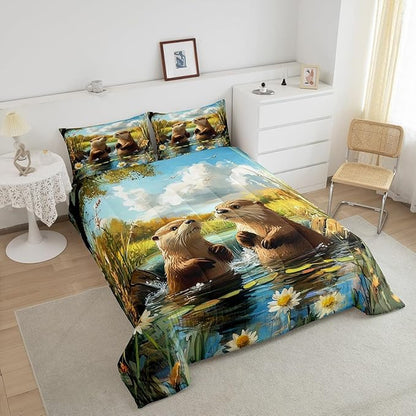 3D Otter Comforter Set Toddler Size 2 Pcs Oil Painting Style Pond Natural Scenery Bedding Sets for Kids Teens Adults Retro Daisy Watercolor Plants Rustic Style Quilted Comforter with 1 Pillowcase
