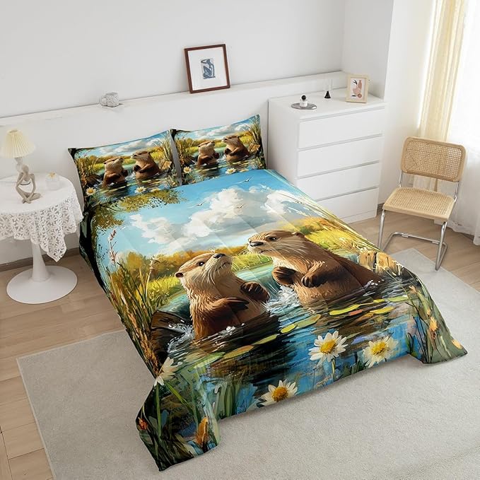 3D Otter Bedding Sets Twin Size 2 Pcs Oil Painting Style Pond Natural Scenery Comforter Set for Kids Teens Adults Retro Daisy Watercolor Plants Rustic Style Comforter Duvet Set with 1 Pillowcase