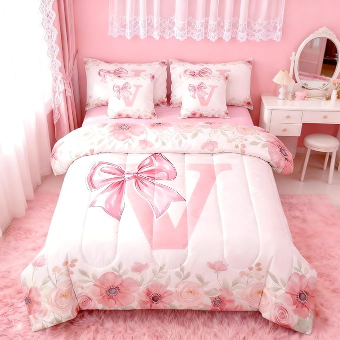 Erosebridal Initial Letter V Bed in A Bag Pink Bow Girls Queen Bedding Sets Kawaii Girly Bowknot Bed Set Bedroom Decor Spring Fresh Style Comforter Set with Sheets for Kids Teen Women 7-Piece