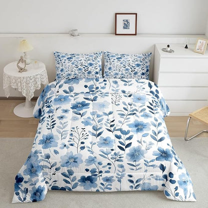 Erosebridal Blue and White Floral Full Comforter Set,Vintage Navy Blue Flower Bedding Set for Kids Girls,Botanical Plant Leaves Quilt,Farmhouse Flowers Bedroom Decor,2 Pillowcases Breathable