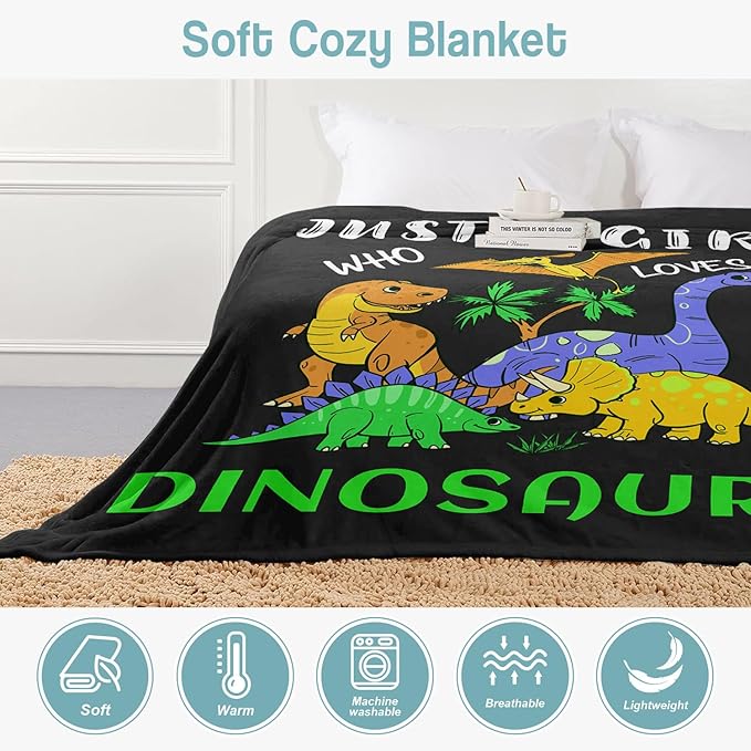 Dino Lover Blanket, Just A Girl Who Loves Dinosaurs Blanket, Soft Warm Cozy Fleece Throw, Gifts for Girls Women Kids, 60"x80", Black