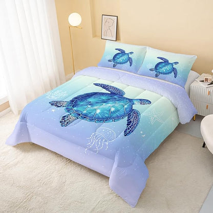 QOOMO Turtle Comforter Twin Size, Ocean Bedding Set for Kids Teens Girls Boys, 3Pcs Printed Comforter with 2 Pillowcases, Down Alternative, Soft and Lightweight (Blue, Twin Size)