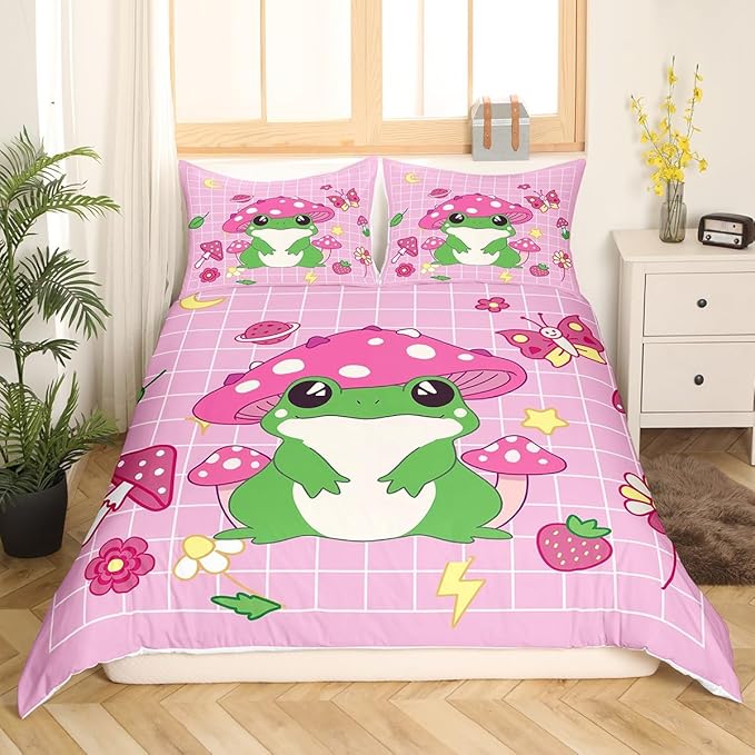 Castle Fairy Cute Mushroom Frog Comforter Cover,Cartoon Kawaii Butterfly Animal Bedding Set for Room,Pink Plaid Strawberry Moon Flowers Duvet with 2 Pillowcases,Ultra Soft Bed Spread,Queen 90''x90''