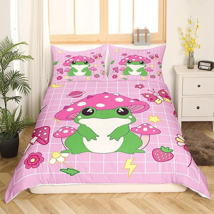 Castle Fairy Cute Mushroom Frog Bedding Set Twin Size,Cartoon Kawaii Butterfly Animal Duvet Cover for Kids Boys Bedroom Decor,Pink Plaid Strawberry Moon Flowers Polyester Quilt with 1 Pillowcases,2pc