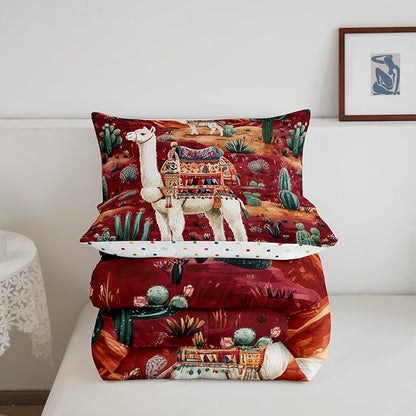 Boho Alpaca Comforter Set Twin Size for Kids Western Desert Cactus Bedding Sets All Season Exotic Tribal Style Quilt Set Bedroom Decor Cute Tropical Animal Down Comforter,2Pcs