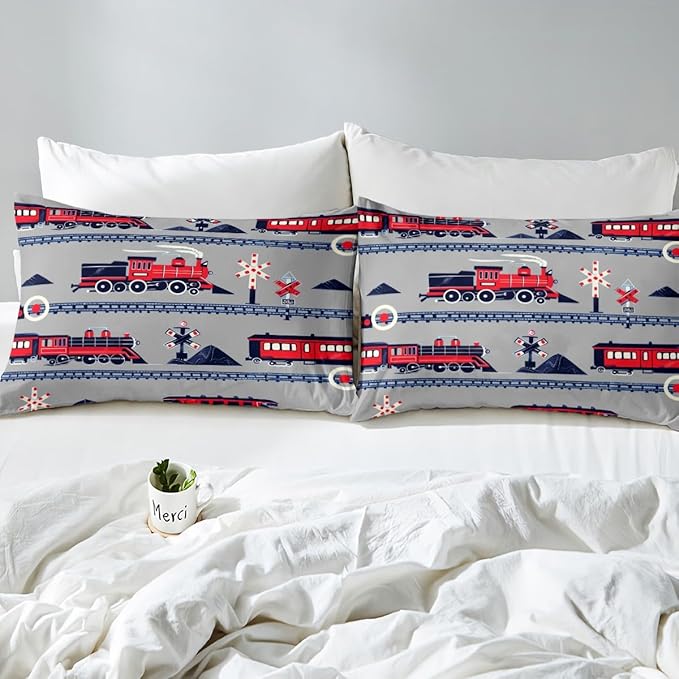 Red Train Toddler Bedding Set Full Size for Girls Kids Boys Cartoon Car Comforter, Vintage Style Steam Engine Bedding Comforter Sets Traffic Transportation Track Duvet Set with 2 Pillowcases