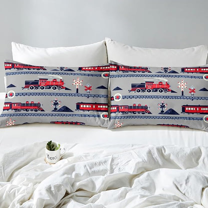 Red Train Toddler Bedding Set Full Size for Girls Kids Boys Cartoon Car Comforter, Vintage Style Steam Engine Bedding Comforter Sets Traffic Transportation Track Duvet Set with 2 Pillowcases
