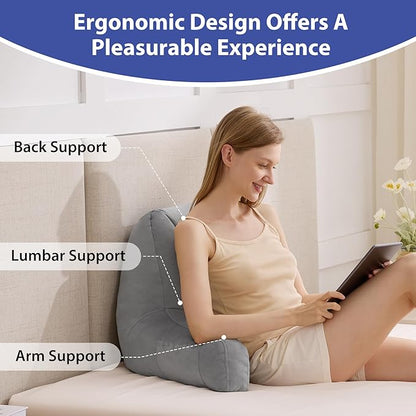 Reading Pillows for Sitting in Bed Adult, Back Pillow for Bed Sitting Up, Backrest Pillows with Shredded Foam for Adult&Teens, Support Pillow with Arms for Beds, Couch, Floor, 20in, Grey