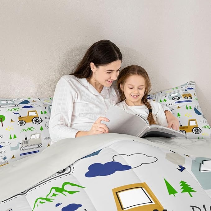 Feelyou Construction Comforter Set Toddler Size Equipment Trucks Bedding Set for Kids Boys Construction Vehicles Duvet Quilt Excavator Tractor Bedroom Decor Cartoon Car Grey2 Pcs with 1 Pillow Cases