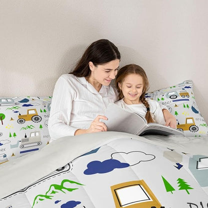 Feelyou Construction Comforter Set Toddler Size Equipment Trucks Bedding Set for Kids Boys Construction Vehicles Duvet Quilt Excavator Tractor Bedroom Decor Cartoon Car Grey2 Pcs with 1 Pillow Cases