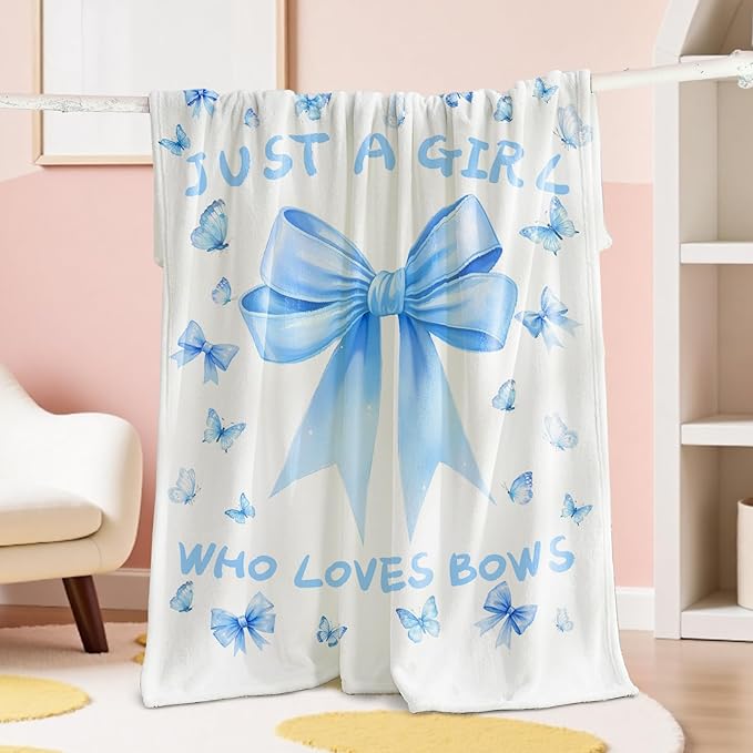Bow Throw Blanket 60x80Inch Preppy Blanket Blue Bow Aesthetic Throw Blanket Coquette Flannel Soft Bow Plush Preppy Room Decor for Girls Women Birthday