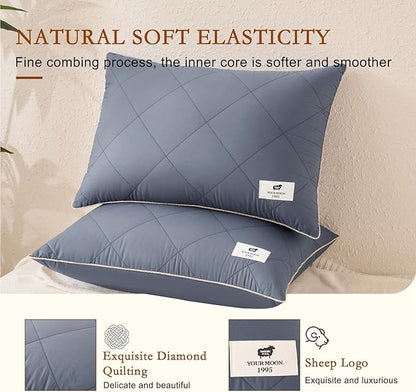YOUR MOON Organic Wool Pillow Standard Size Set of 2, Soft Support Bed Pillows for Sleeping, Natural Wool & Down Alternative Filling, Luxury Hotel Quality Pillows,100% Cotton Cover (Gray)