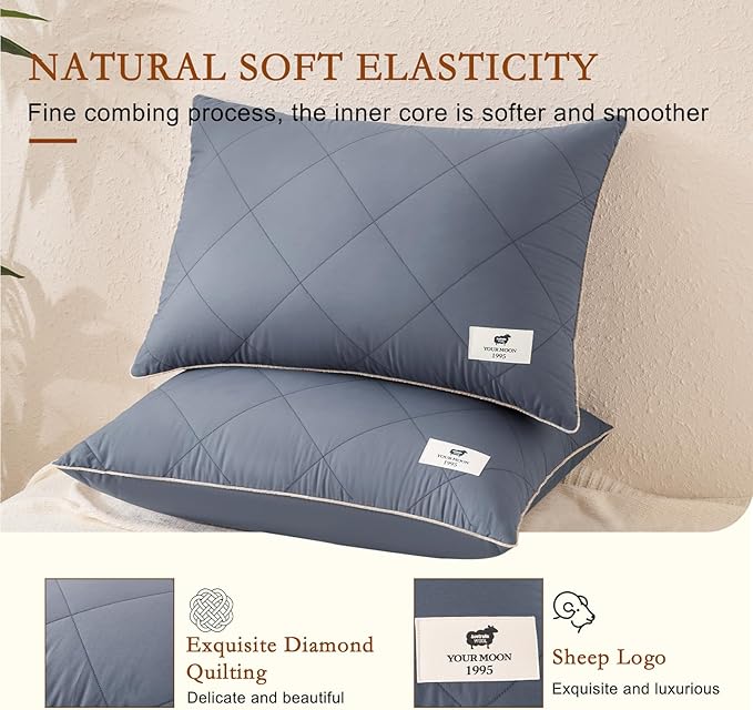 YOUR MOON Organic Wool Pillow King Size Set of 2, Soft Support Bed Pillows for Sleeping, Natural Wool & Down Alternative Filling, Luxury Hotel Quality Pillows,100% Cotton Cover (Gray)