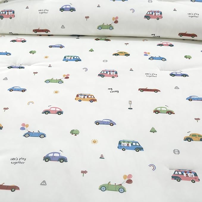 SDIII Cute Cars Comforter Set Queen 3 Pieces, Silky Breathable Microfiber and Spandex, Cartoon Cars Bedding Queen Size for Boys Girls Kids and Teens