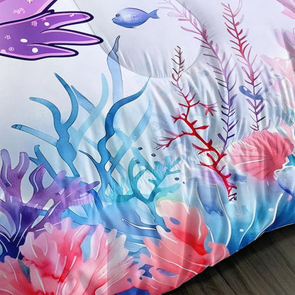 Cute Axolotl Bedding Set Queen Size,Pink Axolotl Waterweed Pattern Toddler Bed Comforter Set,Kawaii Sea Life Bedding Sets for Kids Boys Girls Room Decoration with 2 Pillowcases.