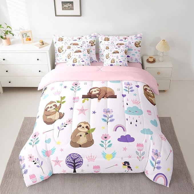 Erosebridal Kids Floral Sloth 7 Piece Bedding Sets Cartoon Animal Comforter Bed in a Bag Cute Flower Printed Quilt with Sheet Set,for Children Boy Girl Teen Kids Bedroom Decor,King 7Pcs