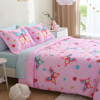 Girls Butterfly Comforter Set Full Size 7 Piece Bed in A Bag Colorful Pink Flowers Leaves Bedding Set for Kids Teens Super Soft All Season
