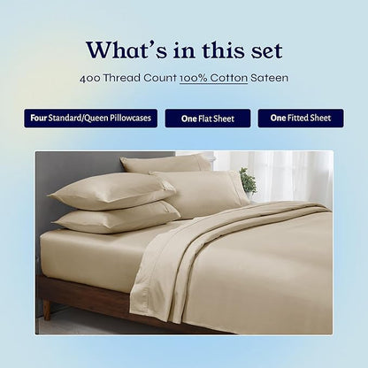 California Design Den 6 Piece Queen Sheet Set with 4 Pillowcases - Soft 400 Thread Count Sateen, 100% Cotton Sheets Queen Size Bed Set with Deep Pockets, Durable Bedding - Beige (Golden Tone)