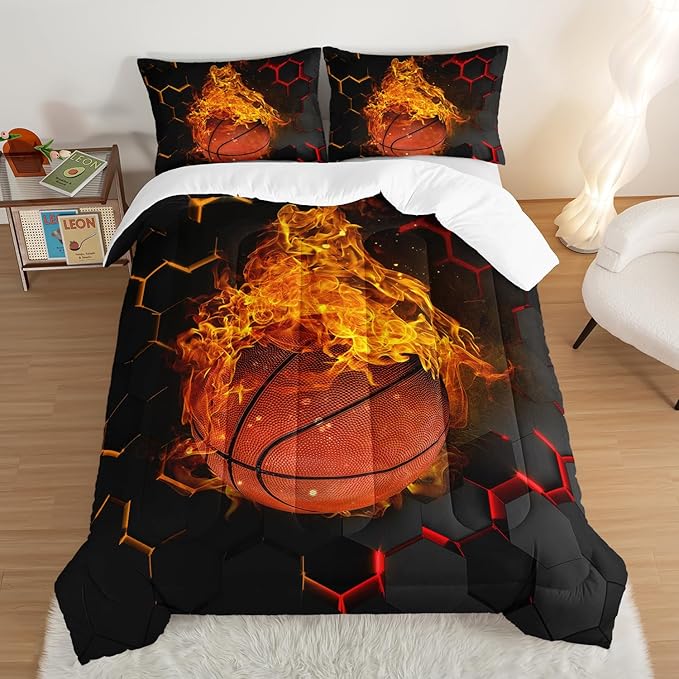 Basketball Bedding Set King Size,Black Honeycomb Background Comforter Flame Basketball Print Bedding Set for Boys Girls Bedroom Decor,Sports Themed Sets Comforter with 2 Pillowcases.